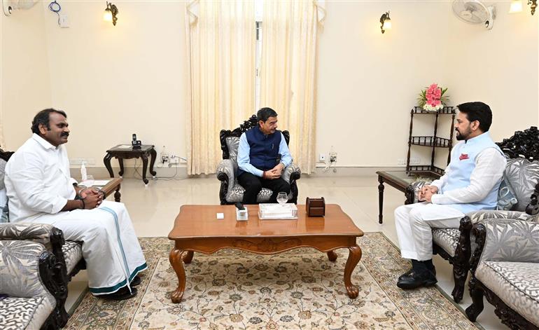 The Union Minister for Information & Broadcasting, Youth Affairs and Sports, Shri Anurag Singh Thakur and the Minister of State for Fisheries, Animal Husbandry & Dairying, Information and Broadcasting, Dr. L. Murugan meets the Governor of Tamil Nadu, Mr. RN Ravi, in Chennai on March 19, 2023.