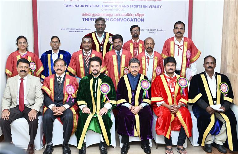 The Union Minister for Information & Broadcasting, Youth Affairs and Sports, Shri Anurag Singh Thakur attends 13th Convocation of Tamil Nadu Physical Education and Sports University, in Chennai on March 19, 2023. 