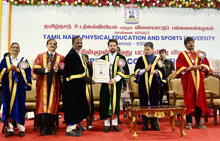 The Union Minister for Information & Broadcasting, Youth Affairs and Sports, Shri Anurag Singh Thakur attends 13th Convocation of Tamil Nadu Physical Education and Sports University, in Chennai on March 19, 2023. 