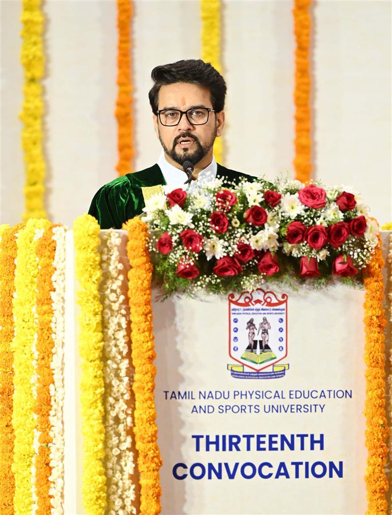 The Union Minister for Information & Broadcasting, Youth Affairs and Sports, Shri Anurag Singh Thakur addressing at 13th Convocation of Tamil Nadu Physical Education and Sports University, in Chennai on March 19, 2023. 