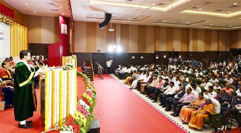 The Union Minister for Information & Broadcasting, Youth Affairs and Sports, Shri Anurag Singh Thakur addressing at 13th Convocation of Tamil Nadu Physical Education and Sports University, in Chennai on March 19, 2023. 
