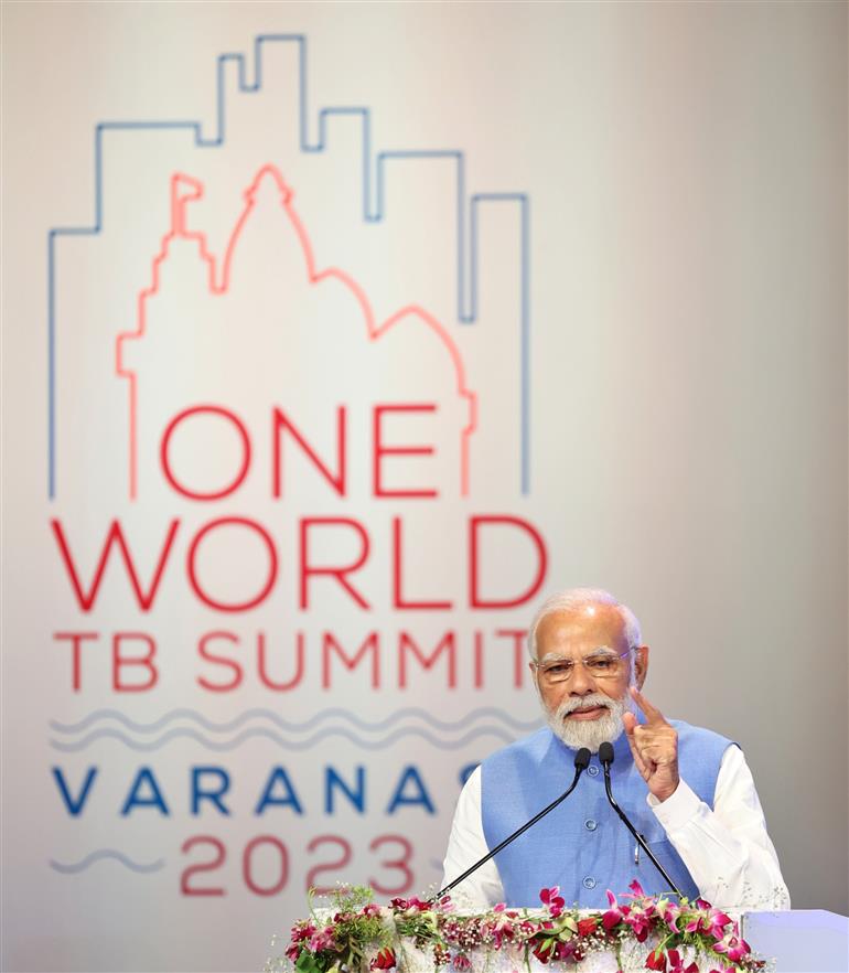 PM addressing at the ‘One World TB Summit’ at Rudrakash Convention Centre at Varanasi, in Uttar Pradesh on March 24, 2023.
