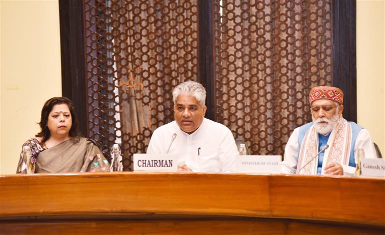 The Union Minister for Environment, Forest & Climate Change, Labour & Employment, Shri Bhupender Yadav, the Minister of State for Consumer Affairs, Food & Public Distribution, Environment, Forest and Climate Change, Shri Ashwini Kumar Choubey and the Secretary, Ministry of Environment, Forest and Climate Change, Ms Leena Nandan at the meeting of the Consultative Committee of Parliament on Project Cheetah, in New Delhi on March 24, 2023.