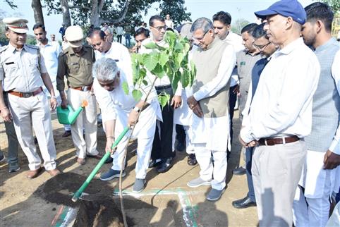 The Union Minister for Environment, Forest & Climate Change, Labour & Employment, Shri Bhupender Yadav participating in plantation drive at the launch of Aravalli Green Wall Project at Tikli Village, in Haryana on March 25, 2023.