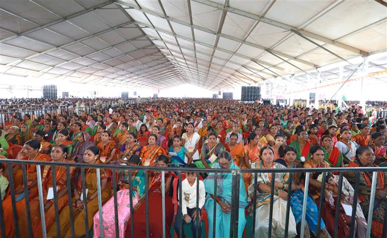 Gathering of people at the inaugural ceremony of Gorata Martyr Memorial, Sardar Vallabhbhai Patel Memorial and the 103 feet high tricolor hoists at Bidar, in Karnataka on March 26, 2023. The Union Minister for Home Affairs and Cooperation, Shri Amit Shah addressing on the occasion.