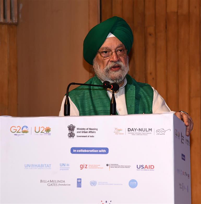 The Union Minister for Petroleum & Natural Gas, Housing and Urban Affairs, Shri Hardeep Singh Puri addressing at the Swachhotsav-2023 International Day of Zero Waste under a Swachh Bharat Mission Urban 2.0 Initiative at India Habitat Centre, in New Delhi on March 29, 2023.