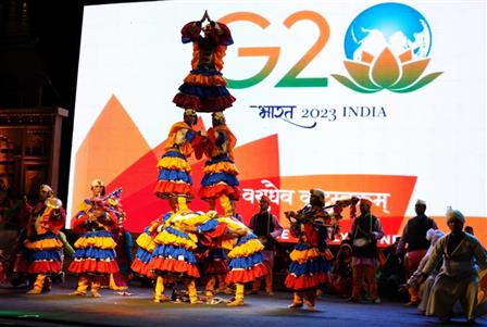 Artists perform during the State Dinner for delegates of First G20-CSAR meeting hosted by Government of Uttarakhand at Koshi River view lawn at Namah Resort in Ram Nagar, Uttarakhand on March 29, 2023.