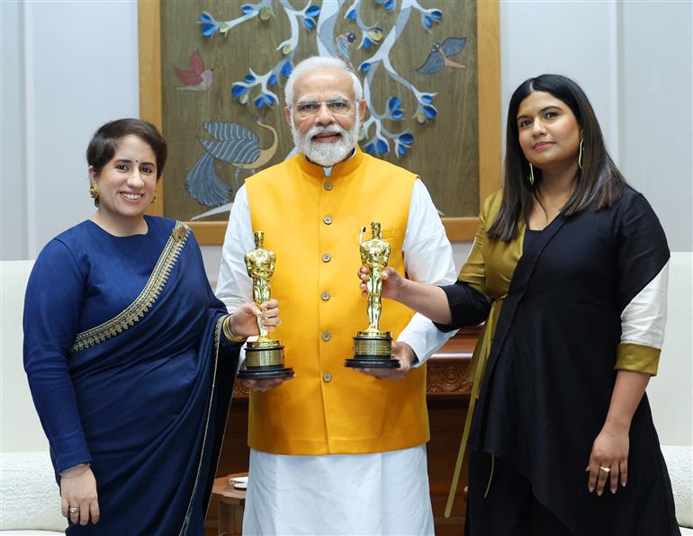 PM meet with Oscar winner & Film Producer, Ms Guneet Monga and other, in New Delhi on March 30, 2023.