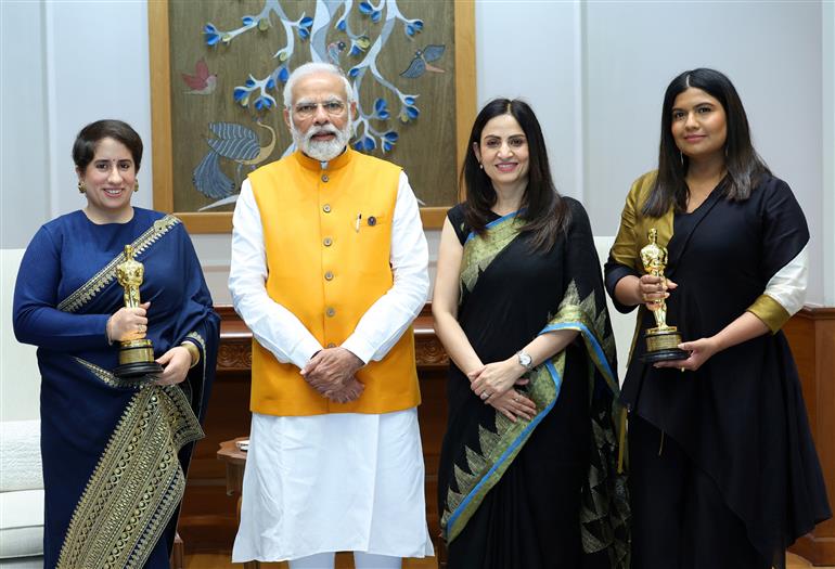 PM meet with Oscar winner & Film Producer, Ms Guneet Monga and other, in New Delhi on March 30, 2023.