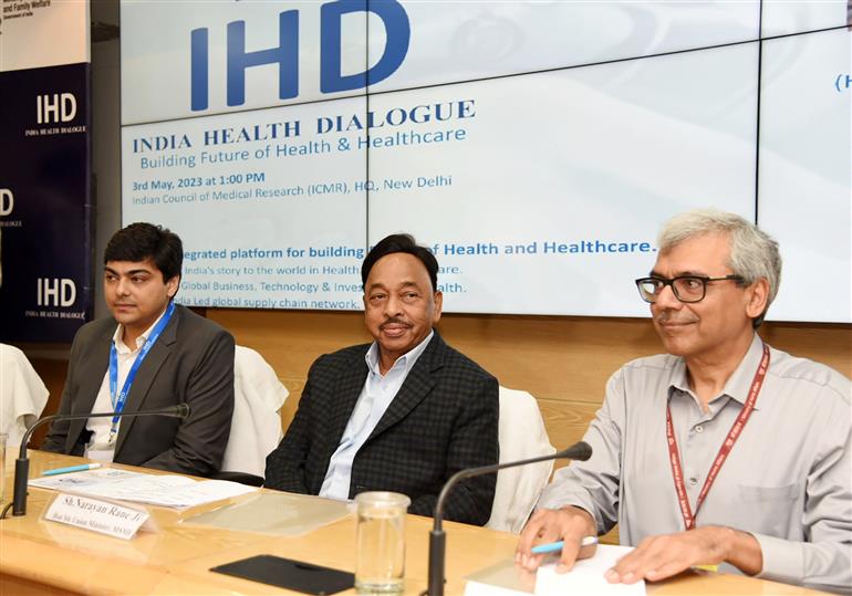 The Union Minister for Micro Small and Medium Enterprises, Shri Narayan Rane attends the launch event of India Health Dialogue, in New Delhi on May 3, 2023.