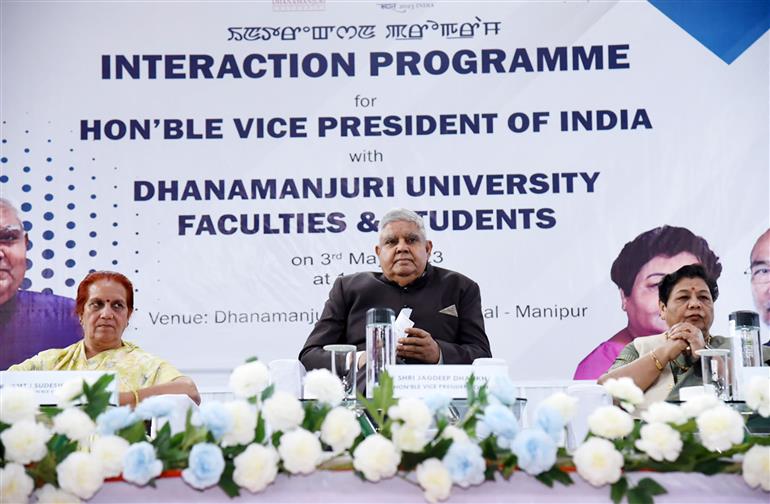 The Vice President & Chairman Rajya Sabha, Shri Jagdeep Dhankhar attends the Interaction Programme with students and faculties at Dhanamanjuri University Campus (Imphal), in Manipur on May 3, 2023.