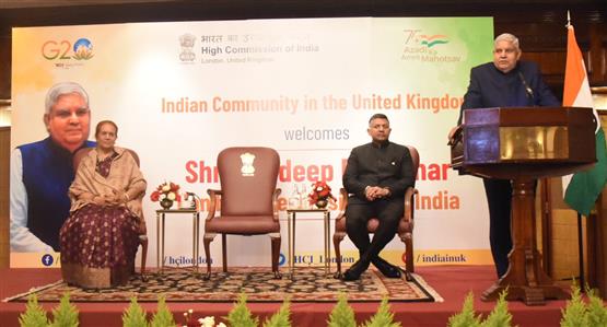 The Vice President, Shri Jagdeep Dhankhar addressing the members of the Indian community, in United Kingdom on May 05, 2023.