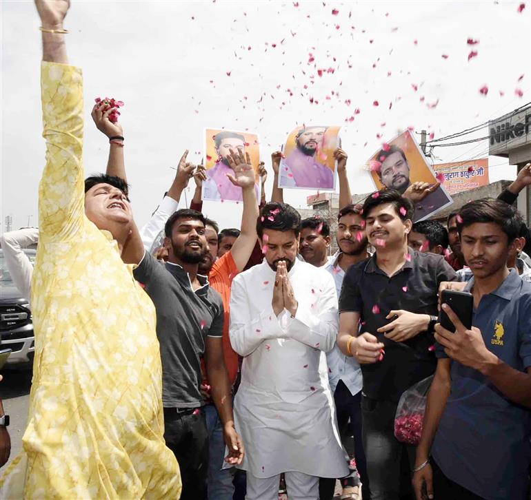 The Union Minister for Information & Broadcasting, Youth Affairs and Sports, Shri Anurag Singh Thakur being welcomed by people at Maharana Pratap Jayanti Samaroh at Tau Devi Lal Stadium (Sohna), in Haryana on May 07, 2023.