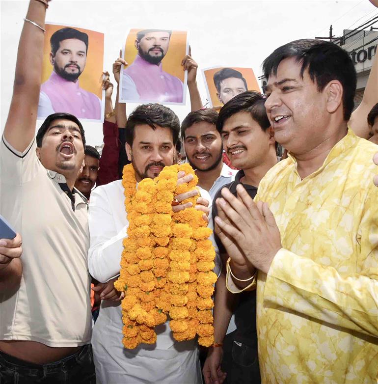 The Union Minister for Information & Broadcasting, Youth Affairs and Sports, Shri Anurag Singh Thakur being welcomed by people at Maharana Pratap Jayanti Samaroh at Tau Devi Lal Stadium (Sohna), in Haryana on May 07, 2023.