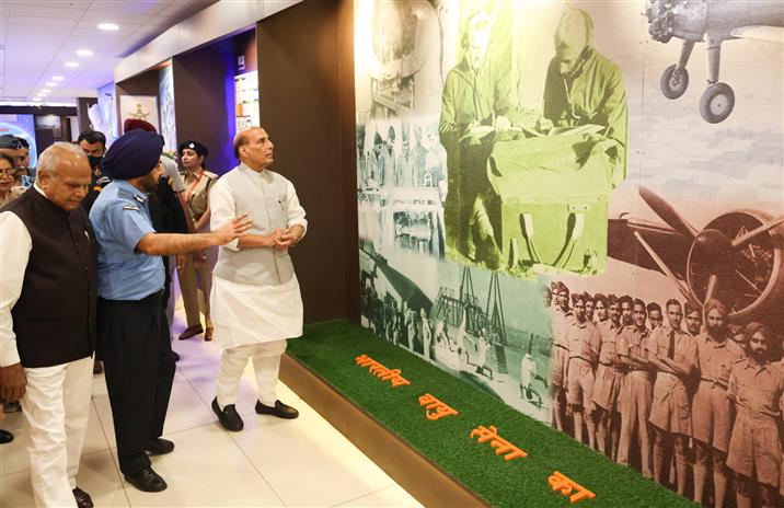 The Union Minister for Defence, Shri Rajnath Singh visit to Indian Air Force Heritage Centre, in Chandigarh on May 08, 2023. The Governor of Punjab & Administrator of Chandigarh, Shri Banwarilal Purohit and the Chief of the Air Staff, Air Chief Marshal VR Chaudhari are also seen.