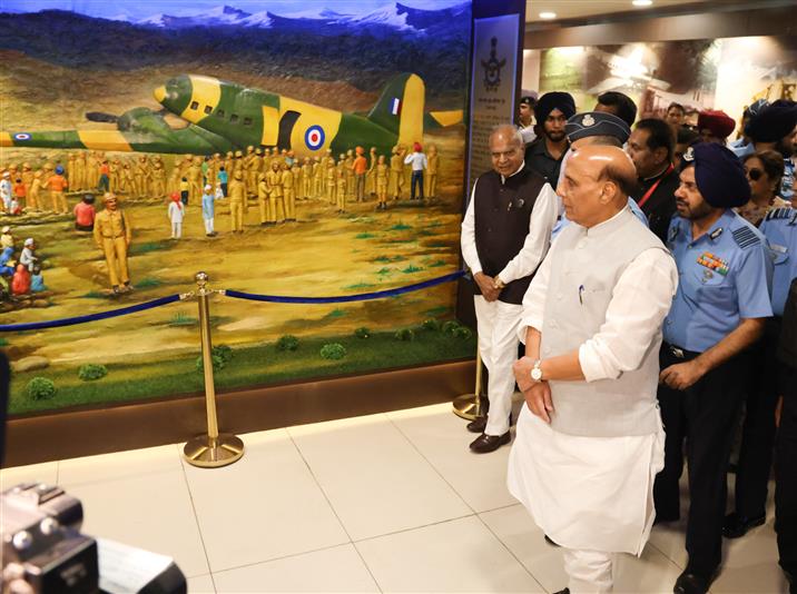 The Union Minister for Defence, Shri Rajnath Singh visit to Indian Air Force Heritage Centre, in Chandigarh on May 08, 2023. The Governor of Punjab & Administrator of Chandigarh, Shri Banwarilal Purohit and the Chief of the Air Staff, Air Chief Marshal VR Chaudhari are also seen.