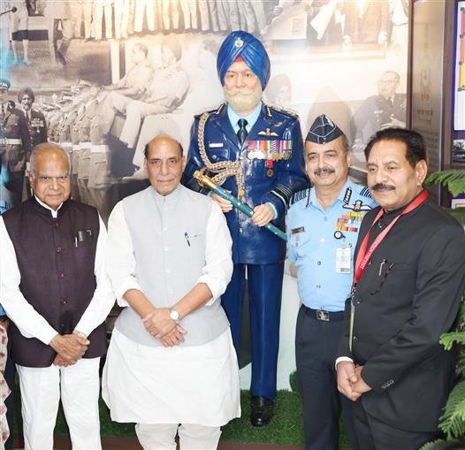 The Union Minister for Defence, Shri Rajnath Singh visit to Indian Air Force Heritage Centre, in Chandigarh on May 08, 2023. The Governor of Punjab & Administrator of Chandigarh, Shri Banwarilal Purohit and the Chief of the Air Staff, Air Chief Marshal VR Chaudhari are also seen.