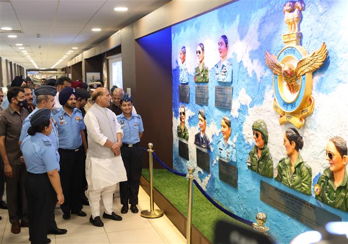 The Union Minister for Defence, Shri Rajnath Singh visit to Indian Air Force Heritage Centre, in Chandigarh on May 08, 2023. The Governor of Punjab & Administrator of Chandigarh, Shri Banwarilal Purohit and the Chief of the Air Staff, Air Chief Marshal VR Chaudhari are also seen.