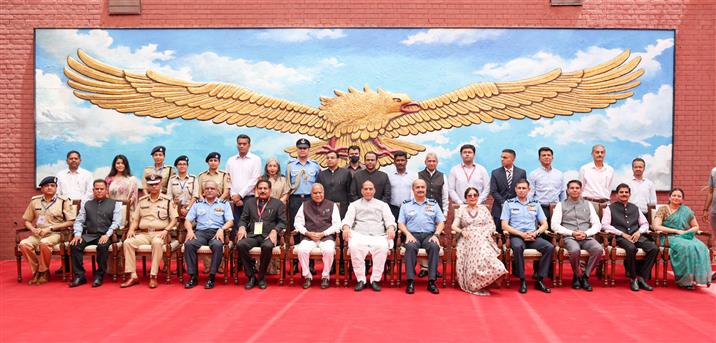 The Union Minister for Defence, Shri Rajnath Singh visit to Indian Air Force Heritage Centre, in Chandigarh on May 08, 2023. The Governor of Punjab & Administrator of Chandigarh, Shri Banwarilal Purohit and the Chief of the Air Staff, Air Chief Marshal VR Chaudhari are also seen.