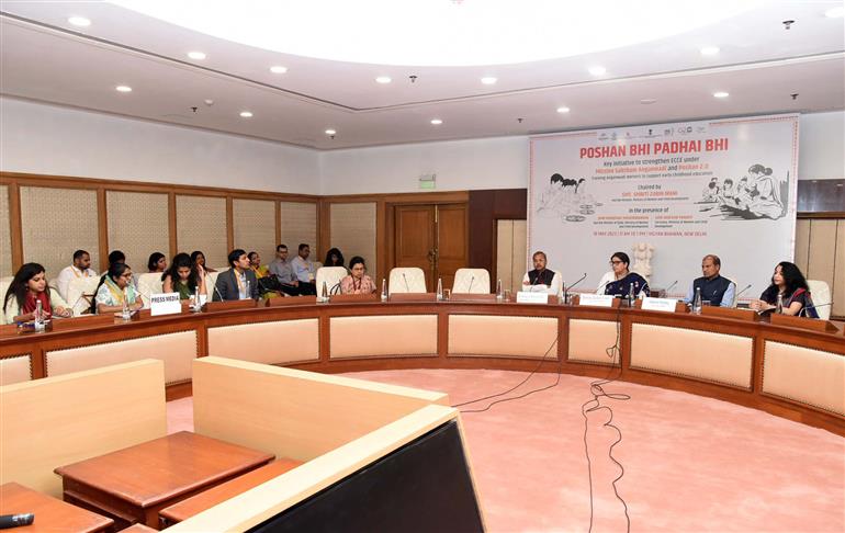 The Union Minister for Women & Child Development and Minority Affairs, Smt. Smriti Irani holding a press conference on event "Poshan Bhi Padhai Bhi" on ECCE Training of Anganwadi Worker at Vigyan Bhawan, in New Delhi on May 10, 2023.