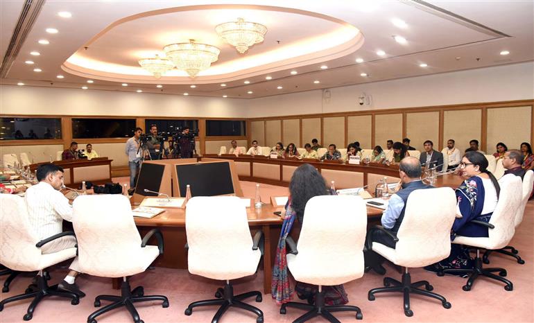 The Union Minister for Women & Child Development and Minority Affairs, Smt. Smriti Irani holding a press conference on event "Poshan Bhi Padhai Bhi" on ECCE Training of Anganwadi Worker at Vigyan Bhawan, in New Delhi on May 10, 2023.