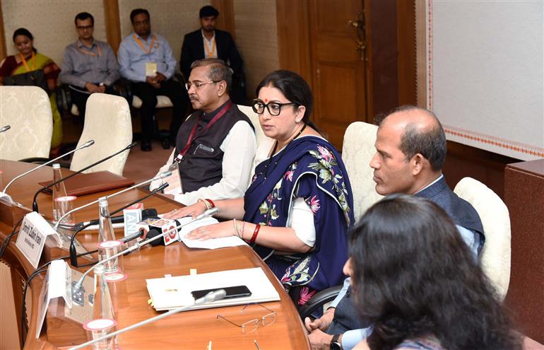 The Union Minister for Women & Child Development and Minority Affairs, Smt. Smriti Irani holding a press conference on event "Poshan Bhi Padhai Bhi" on ECCE Training of Anganwadi Worker at Vigyan Bhawan, in New Delhi on May 10, 2023.