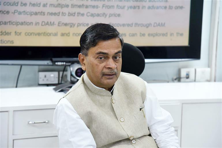 The Union Minister for Power, New and Renewable Energy, Shri Raj Kumar Singh in a meeting on the sideline of Report of the Group on ‘Development of Electricity Markets in India’ handed over to Ministry of Power & MNRE at Shram Shakti Bhawan, in New Delhi on May 11, 2023.