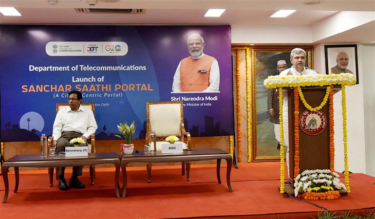 The Union Minister for Railways, Communications, Electronics and Information Technology, Shri Ashwini Vaishnaw addressing at the launch event of Sanchar Saathi portal (A Citizen Centric Portal) under Department of Telecommunications at Rail Bhawan, in New Delhi on May 16, 2023.