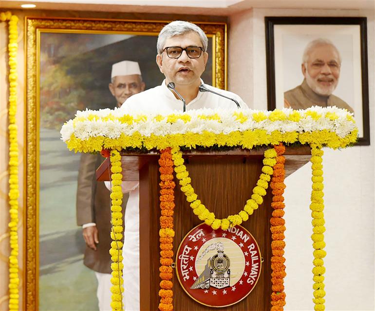 The Union Minister for Railways, Communications, Electronics and Information Technology, Shri Ashwini Vaishnaw addressing at the launch event of Sanchar Saathi portal (A Citizen Centric Portal) under Department of Telecommunications at Rail Bhawan, in New Delhi on May 16, 2023.