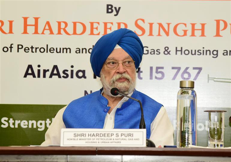 The Union Minister for Petroleum & Natural Gas, Housing and Urban Affairs, Shri Hardeep Singh Puri addressing at India's first commercial passenger flight powered by indigenously produced Sustainable Aviation Fuel (SAF), in New Delhi on May 19, 2023.