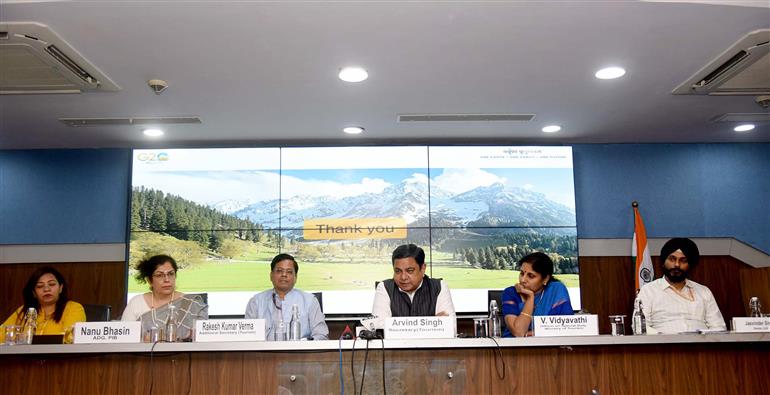 The Secretary of Tourism, Shri Arvind Singh briefing the media on 3rd Tourism Working Group Meeting, in New Delhi on 19 May 2023.