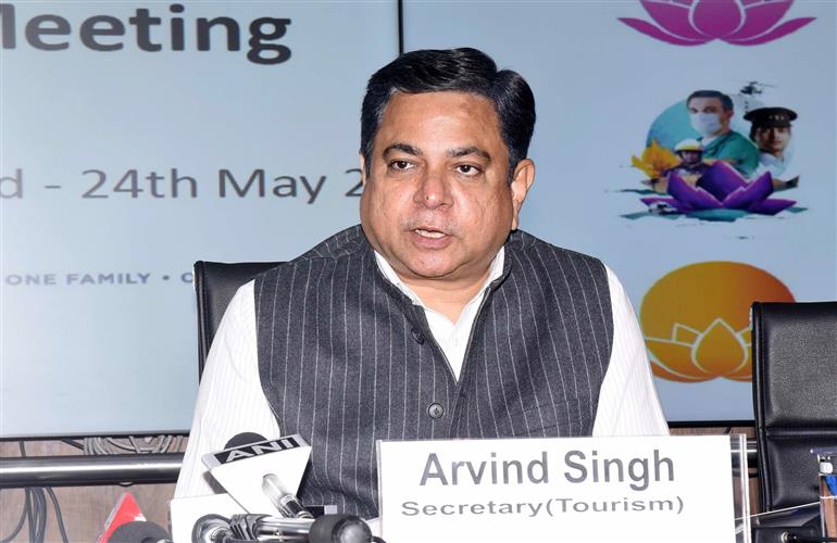 The Secretary of Tourism, Shri Arvind Singh briefing the media on 3rd Tourism Working Group Meeting, in New Delhi on 19 May 2023.