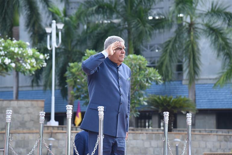 The Vice President and Chairman of Rajya Sabha, Shri Jagdeep Dhankhar inspecting the Guard of Honour at the Indian Naval Academy (Ezhimala), in Kerala on May 22, 2023.