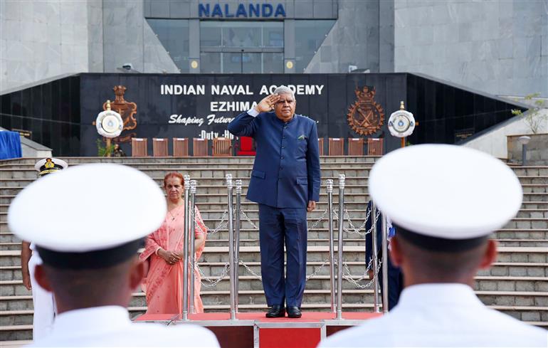 The Vice President and Chairman of Rajya Sabha, Shri Jagdeep Dhankhar inspecting the Guard of Honour at the Indian Naval Academy (Ezhimala), in Kerala on May 22, 2023.