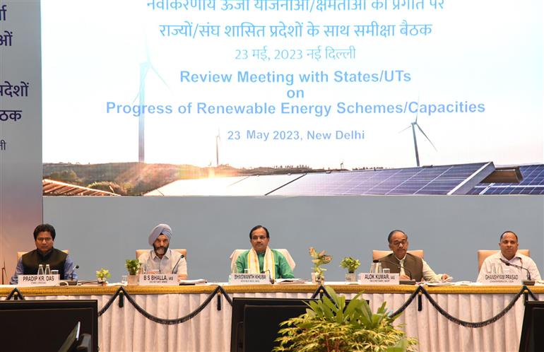 The Union Minister of State for Chemicals & Fertilizers, and New and Renewable Energy, Shri Bhagwanth Khuba, chairs a review meeting with States/ UTs on Progress of Renewable Energy Schemes/Capacities in presence of the Secretary, MNRE, Shri Bhupinder S Bhalla, the Secretary, Ministry of Power, Shri Alok Kumar and other dignitaries, in New Delhi on May 23, 2023.