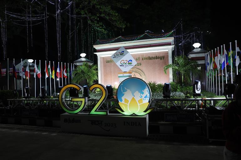 Decorations for G20 adorn the IIT Madras entrance gate, in Tamil Nadu on January 31, 2023.