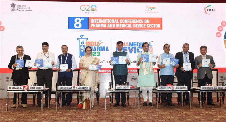 The Union Minister for Health & Family Welfare, Chemicals and Fertilizers, Shri Mansukh Mandaviya attends the 8th International Conference on Pharma and Medical Devices Sector, in New Delhi on May 26, 2023. The Minister of State for New & Renewable Energy, Chemicals and Fertilizers, Shri Bhagwanth Khuba is also seen.