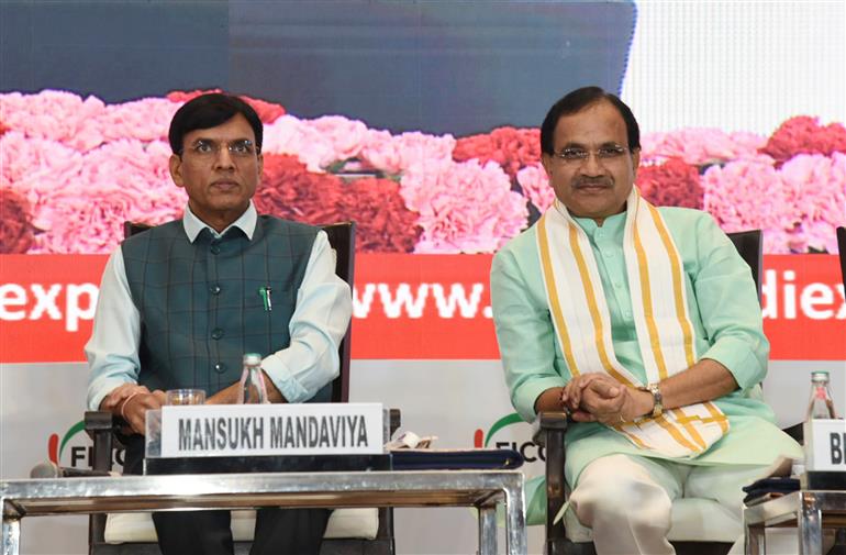 The Union Minister for Health & Family Welfare, Chemicals and Fertilizers, Shri Mansukh Mandaviya attends the 8th International Conference on Pharma and Medical Devices Sector, in New Delhi on May 26, 2023. The Minister of State for New & Renewable Energy, Chemicals and Fertilizers, Shri Bhagwanth Khuba is also seen.