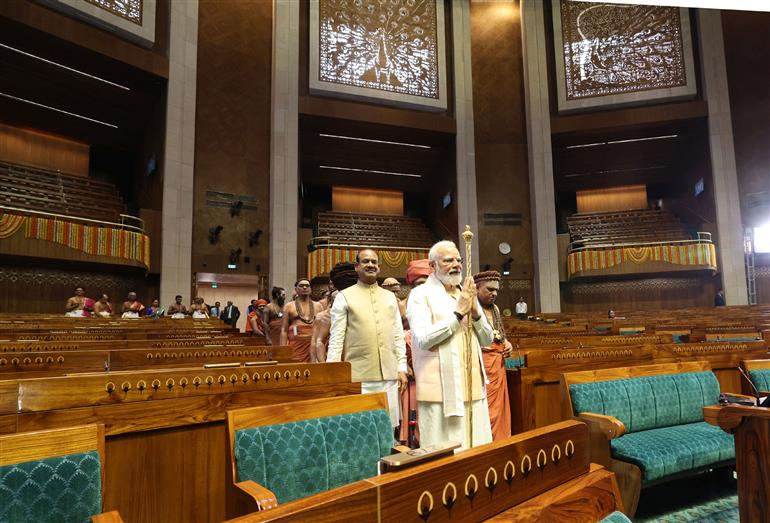 PM installs ‘Sengol’ at new Parliament building, in New Delhi on May 28, 2023.