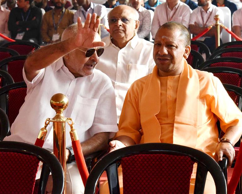 The Chief Minister of Uttar Pradesh, Yogi Adityanath and the Chief Minister of Gujarat, Shri Bhupendra Patel attend the inauguration ceremony of the New Parliament, in New Delhi on May 28, 2023.