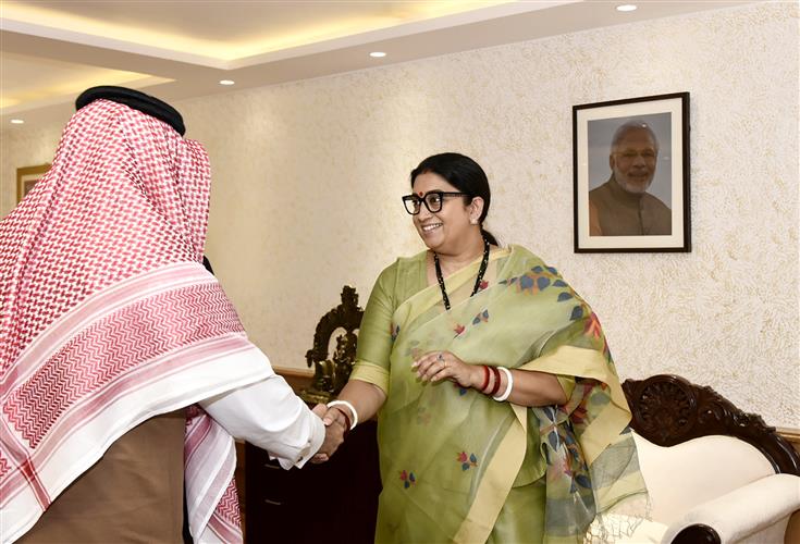 The Union Minister for Women & Child Development and Minority Affairs, Smt. Smriti Irani meets Ambassador of the Kingdom of Saudi Arabia to India Mr Saleh bin Eid Al-Husseini, in New Delhi on October 31, 2023.