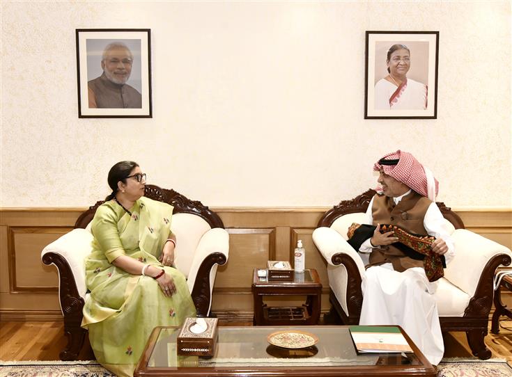 The Union Minister for Women & Child Development and Minority Affairs, Smt. Smriti Irani meets Ambassador of the Kingdom of Saudi Arabia to India Mr Saleh bin Eid Al-Husseini, in New Delhi on October 31, 2023.