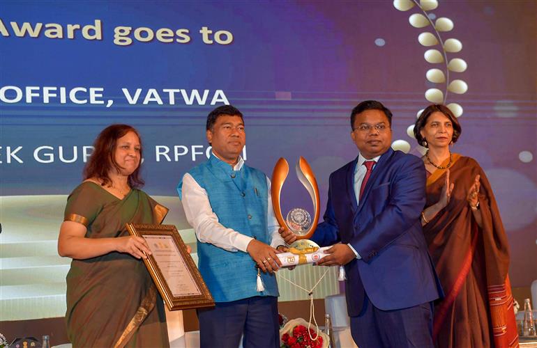 The Minister of State for Petroleum & Natural Gas, Labour and Employment, Shri Rameswar Teli at the inauguration of the 71st Foundation Day of EPFO at Bharat Mandapam, in Pragati Maidan, New Delhi on November 01, 2023.