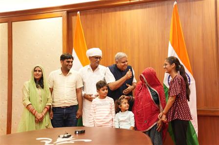 The Vice President, Shri Jagdeep Dhankhar meeting with farmer Ramu Lal Ji Bhamu and his family members from Dudu, Rajasthan along with Trustees of Shri Dhanna Bhagat Mandir at Parliament House Complex, in New Delhi on November 01, 2023.