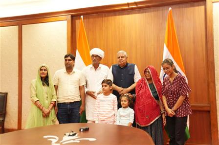 The Vice President, Shri Jagdeep Dhankhar meeting with farmer Ramu Lal Ji Bhamu and his family members from Dudu, Rajasthan along with Trustees of Shri Dhanna Bhagat Mandir at Parliament House Complex, in New Delhi on November 01, 2023.