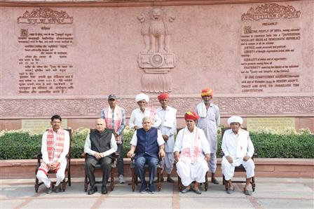 The Vice President, Shri Jagdeep Dhankhar in a group photograph with farmer Ramu Lal Ji Bhamu and his family members from Dudu, Rajasthan along with Trustees of Shri Dhanna Bhagat Mandir at Parliament House Complex, in New Delhi on November 01, 2023.