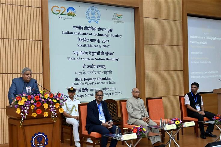 The Vice President of India and Chairman, Rajya Sabha, Shri Jagdeep Dhankhar addressing the students and faculty members of IIT Bombay on 'Role of Youth in Nation Building' under Viksit Bharat @ 2047 initiative at Mumbai, in Maharashtra on November 6, 2023.