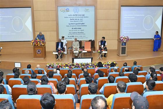 The Vice President of India and Chairman, Rajya Sabha, Shri Jagdeep Dhankhar addressing the students and faculty members of IIT Bombay on 'Role of Youth in Nation Building' under Viksit Bharat @ 2047 initiative at Mumbai, in Maharashtra on November 6, 2023.