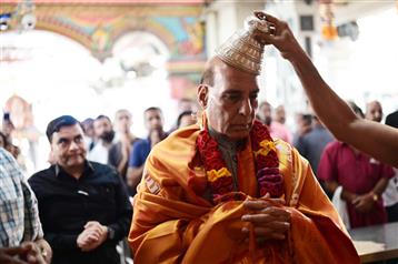 The Union Minister for Defence, Shri Rajnath Singh offering prayers at Sri Srinivasa Perumal temple, in Singapore on November 18, 2023.