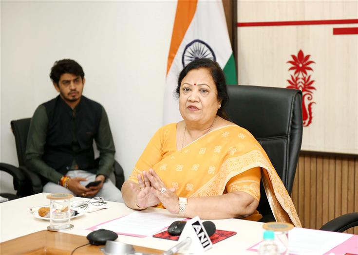 The Union Minister of State for Railways and Textiles, Smt. Darshana Jardosh briefing the media after unveiled Saree Walkathon portal at Udhyog Bhavan, in New Delhi on November 21, 2023.